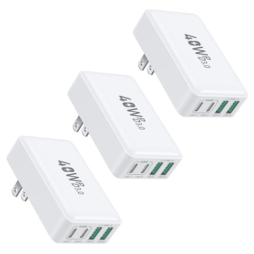 Flat USB C Wall Charger, OKRAY 3-Pack 40W 4-Port PD3.0&QC3.0 Fast Charging Blocks Slim USB A+USB C Charger Multiport Power Adapter Foldable Plug for iPhone 17 16 15 14 13 12 Pro, iPad, AirPods, iwatch - color: White-3Pack