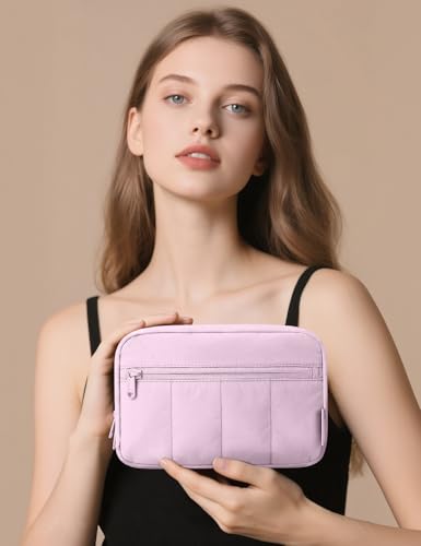 Noozion Makeup Bag Travel Toiletry Bag, Puffy Padded Cosmetic Bag for Women, Makeup Organizer Case, Wide-open Pouch Purse, Travel Essentials - color: Purple