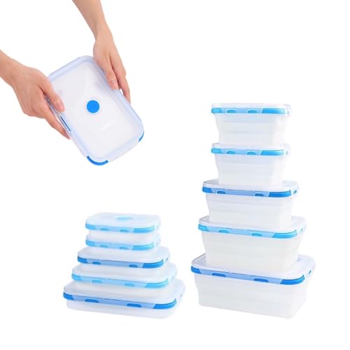 ECOBERI Collapsible Food Storage Containers, Silicone 5 Piece Set, 12/17/27/40 oz, BPA-Free Meal Prep Containers with Airtight Lids, Space-Saving, Freezer and Dishwasher Safe - color: Blue-Assorted Sizes 5pc
