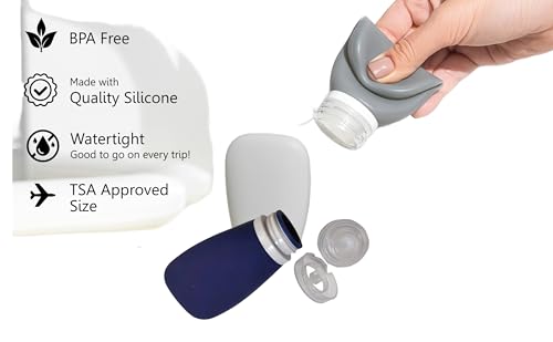Travel Bottles for Toiletries, TSA Approved 3oz (90ml) Leak Proof Silicone Refillable Squeeze Travel Size Containers BPA Free for Cleansers, Lotions, Shampoo 3-pk (Black-Gray-White) - color: Black-Gray-White