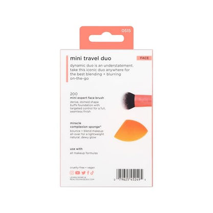 Real Techniques Mini Travel Duo, Makeup Brush Set For Traveling, Mini Foundation Brush & Makeup Blender Sponge For Blending On-The-Go, Achieve A Complete Base, Latex & Cruelty-Free, 2 Piece Set
