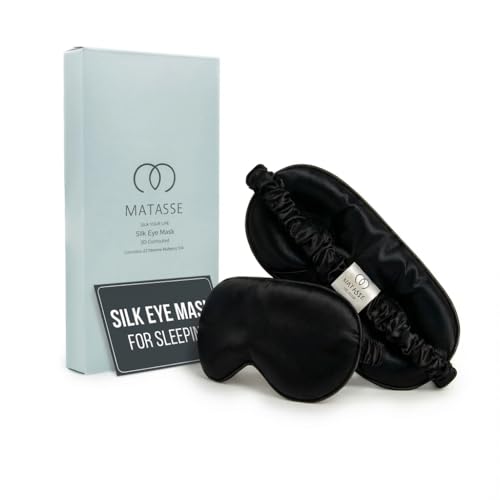 MATASSE 100% Mulberry Silk Sleep Mask 22 Momme Grade 6A - 3D Contoured Eye Mask for Sleeping, 14mm Deep Eye Cups, Total Blackout Blindfold for Women Men, Adjustable Strap, Side Sleeper (Black) - color: Black
