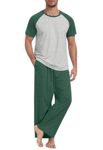 Yincro Mens Pajamas Set Lightweight Loungewear Short Sleeve Top and Pants Soft Sleepwear Pjs Sets - color: Grass Green-light Gray, size: Medium