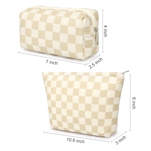 SOIDRAM 2 Pcs Checkered Makeup Bag Large Cosmetic Bag Toiletry Bag Makeup Pouch Travel Bag Organizer Cute Makeup Brushes Aesthetic Accessories Storage Bag for Women Brown Checkered - color: Brown Checkered