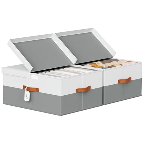 Homsorout Extra Large Storage Bins - 2 Pack Closet Storage Boxes with Double-Open Lid & Divider Board, Stackable Colthes Storage Organizer, Fabric Basket with Label Tag for Home, Laundry - color: white with grey, size: 2 Pack
