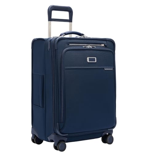 Briggs & Riley 24 Inch Compact Checked Suitcase Luggage with Wheels - Zipperless Compression Expansion System, 360 Spinner, Flat Packing Interior, Accessible Front Pocket - Baseline Collection - Navy - color: Navy, size: 24" Compact Checked