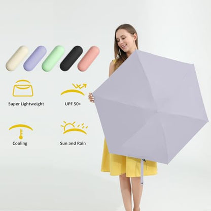 BAODINI Travel Essentials Mini Umbrella for Purse With Case Small Compact UV Sun Protection Lightweight Tiny Pocket Manual Open Close Umbrella for Women Kids and Men Fits Purse Backpack - color: B-2 Pack Purple & Black