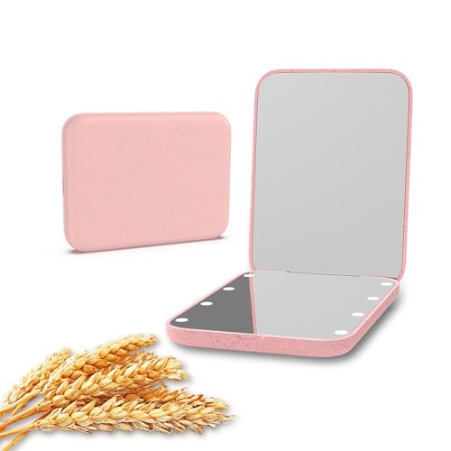 Kintion Wheat Straw Pocket Mirror, 1X/3X Magnification Travel Mirror for Purse, Folding Handheld Mirror, Small Lighted Compact Mirror for Gift, Pink - color: Wheat Straw Pink