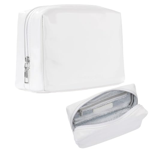 Stay Golden Insulated Waterproof Makeup Bag for Women Heat-Resistant Travel Cosmetic & Toiletry Bag | Luxurious Vegan Leather Portable Makeup Organizer (White with Silver Zipper, Small) - color: White with Silver Zipper, size: Small