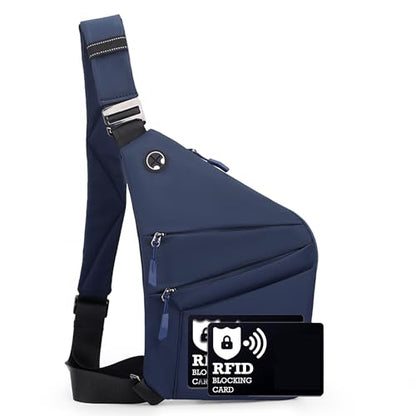 Anti Theft Crossbody Bags for Women Men, Multi-Pocket Shoulder Bag, Slim Sling Bags with 2 RFID Blocking Card - color: Left Shoulder-blue