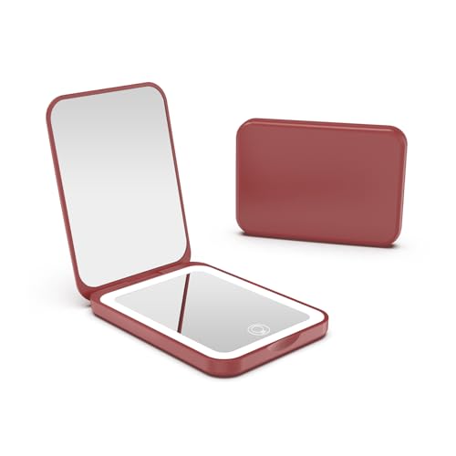 Kintion 2025 Pocket Mirror, Rechargeable Dimmable 3 Color Lighting 1X/3X LED Compact Travel Makeup Mirror for Purse, Portable, Folding, Handheld, Small Lighted Mirror for Women Gift, Wine Red - color: Wine Red