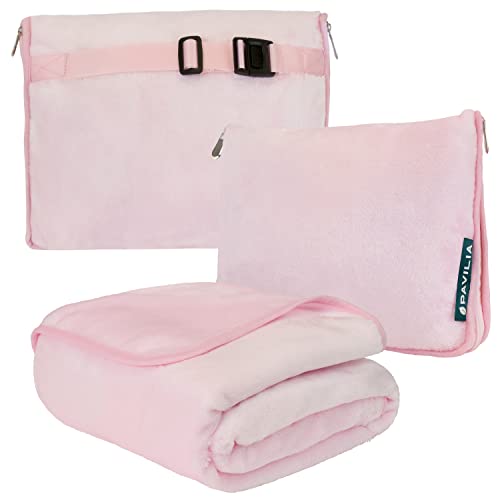 PAVILIA Travel Blanket Pillow, Soft Airplane Blanket 2-in-1 Combo Set, Plane Blanket Compact Packable, Flight Essentials Car Pillow, Travelers Gifts Accessories, Luggage Backpack Strap, 60x43 Pink - color: Pink
