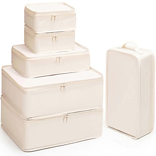 Mossio 6 Set Packing Cubes with Shoe Bag - Lightweight Travel Luggage Suitcase Organizers - color: Beige