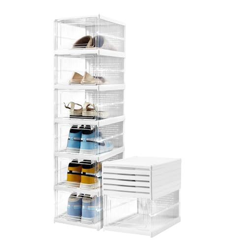 ZLLZUU Upgrade Clear Foldable Shoe Storage Organizer, No Assembly 6 Tiers Shoe Box with Fully Clear Door, Plastic Stackable Shoe Rack for Sneakers, Sturdy Shoe Storage Containers Bins - color: Transparent-6Tiers