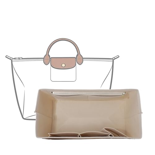 Premium Felt Tote Bag Organizer Insert for Longchamp-Le Pliage L Travel Bag, Large Purse Insert with Zipper Pocket and Cup Holder, 9 Compartments, Beige/LT - color: Beige, size: L Travel Bag