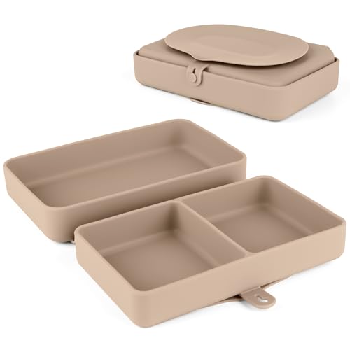 Silicone Baby Plate, Foldable & Compact Food Grade Silicone Plates, Foldable Toddler Travel Essential with Suction for Toddlers (Almond Butter) - color: Almond Butter