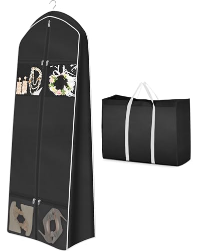 MISSLO 70" Wedding Dress Garment Bag with Bride Tote Bag 8'' Gusseted Wedding Dress Bags for Gowns Long 4 Pockets Dress Cover for Women, Black - color: Black, size: 70 inch