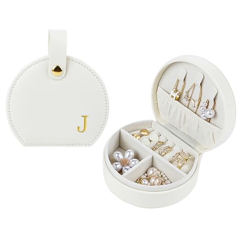 Travel Jewelry Case,Personalized Jewelry Box,Elegant Half-Moon Design with Personalized Golden Initial Case,Personalized Gifts for Women,Jewelry organizer;Personalized Gifts for Women or Friends(J) - style: J