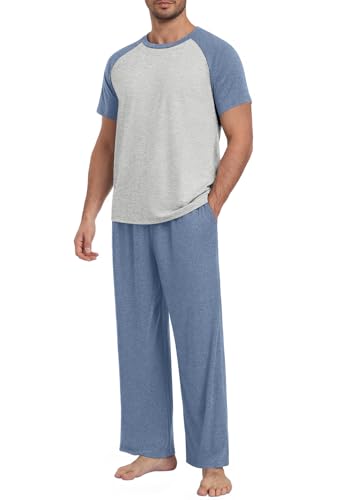 Yincro Mens Pajamas Set Lightweight Loungewear Short Sleeve Top and Pants Soft Sleepwear Pjs Sets - color: Gray Blue-light Gray, size: XX-Large