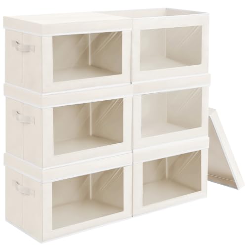 Homsorout Large Storage Bins with Lids - Fabric Storage Cubes with Window, Collapsible Bins for Clothes, 15.7 Inch Large Baskets for Bedroom, Dorm, Office, Beige, 6 Pack - color: Beige, size: XL(6-Pack)