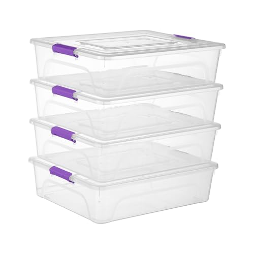 Clear Plastic Storage Bins with Lids Stackable Storage Box for Crafts, Supplies (Large 4Pack Purple) - size: Large 4Pack Purple