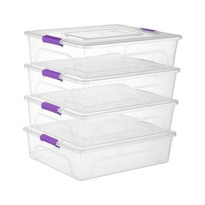 Clear Plastic Storage Bins with Lids Stackable Storage Box for Crafts, Supplies (Large 4Pack Purple) - size: Large 4Pack Purple