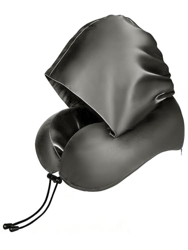 Satin Neck Pillow with Hood Pixie Pillows for Short Hair Sleep Travel Airplane Memory Foam Long Flight Plane Essentials Grey - color: Grey