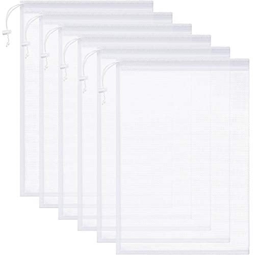 Frienda 6 Pieces Mesh Stuff Sack, 11 x 15 Inch Durable Nylon Drawstring Laundry Bag for Rinsing Beach Toys, Seashell Collecting, Mesh Bags for Travel(White) - color: White