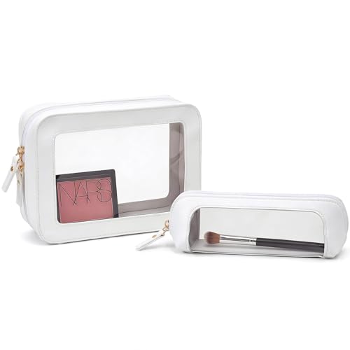2 Pack Travel Clear Makeup Bag Set -Sunscreen Cosmetic Organizer Pouch Waterproof Makeup Pouch Portable Makeup Brush Case Summer Beach Vacation Accessories for Women Girls(2Pack-Standard&Slim, Beige) - color: Beige, style: 2pack-standard&slim
