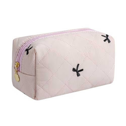 Gleyemor Small Quilted Makeup Bag for Women, Cute Floral Bow Cosmetic Bag, Emergency Bag Travel Toiletry Cotton Pouch Gifts for Girls Her Mom Friend Sister Bridesmaid (Pink&Black Bow) - color: Pink&Black Bow