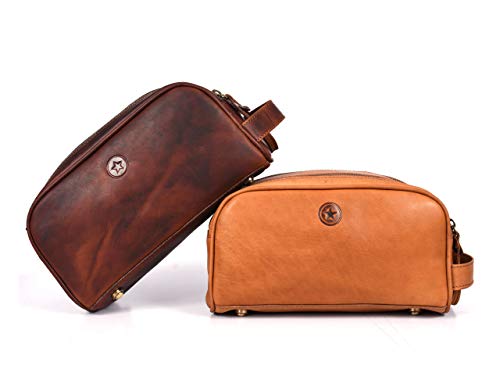10" Premium Leather Toiletry Travel Pouch With Waterproof Lining Black Color | King-Size Handcrafted Vintage Shaving Kit By Aaron Leather Goods - color: Umber