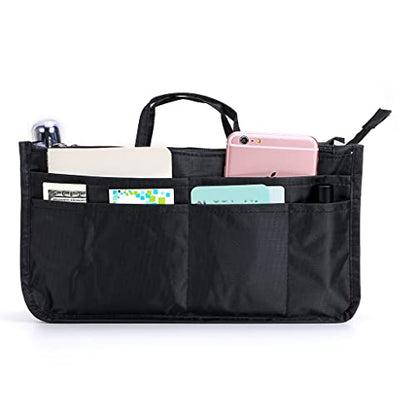 BTSKY Printing Handbag Organizers Inside Purse Insert - High Capacity 13 Pockets Bag Tote Organizer with Handle (Black) - color: Black