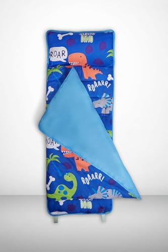 EVERYDAY KIDS Nap Mat with Removable Pillow - Roarin' Dinos - Carry Handle with Straps Closure, Rollup Design, Soft Microfiber for Preschool, Daycare, Travel Sleeping Bag - Ages 3-6 Years - color: Roarin Dinos