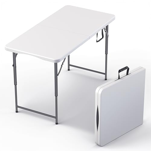 4 Feet Foldable Table Adjustable Height with Built in Handle, Steel Legs | 4FT Heavy Duty Portable | Perfect for Party Dining Wedding Events Picnic Indoor Outdoor Camping Utility Folding - 4 Foot - color: White, size: 4 FT