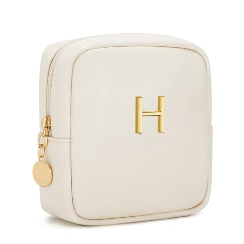 Personalized Birthday Gifts for Women - Initial Makeup Bag Set Travel Toiletry Bag Cosmetic Bags Soft Waterproof PU Leather Makeup Pouch Travel Essentials (H, 1pc Beige) - size: 1pc Beige, style: H