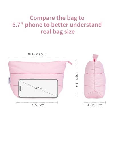 Narwey Travel Makeup Bag for Women Girl, Puffer Makeup Up Organizer Bag Cosmetic Bag, Puffy Cute Makeup Pouch Purse, Travel Toiletry Bag (Pink) - color: Pink
