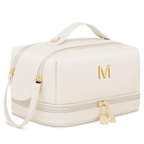 Gifts for Women Birthday Gifts Initial Makeup Bag for Women Personalized Large Capacity Travel Toiletry Bag Cosmetic Bag Gifts for Mom-Graduation Gift for Teens Girls (Beige M) - color: Beige, style: M