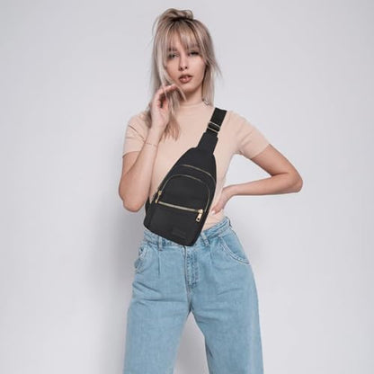 Banelu Small Sling Backpack Crossbody Bags for Women, Small Sling Bag Cross Body Bag Fanny Packs Crossbody Purses - Gold Zipper - color: K Black