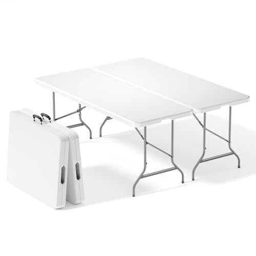 Sweetcrispy 6 FT Folding Picnic Table 2 Pack, Easy to Fold and Store, Foldable Table for Camping Picnic Dining Party Kitchen Outdoor Indoor with Carrying Handle - color: White, size: 6 FT - 2 Pack