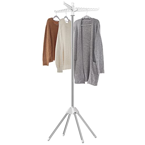 SONGMICS Clothes Drying Rack, 59-Inch Folding Laundry Drying Rack with 3 Rotatable Arms for Hangers, 4 Legs, Stainless Steel, for 27 Pieces of Clothes, White and Silver ULLR510W01 - color: White + Silver, style: 1-Tier