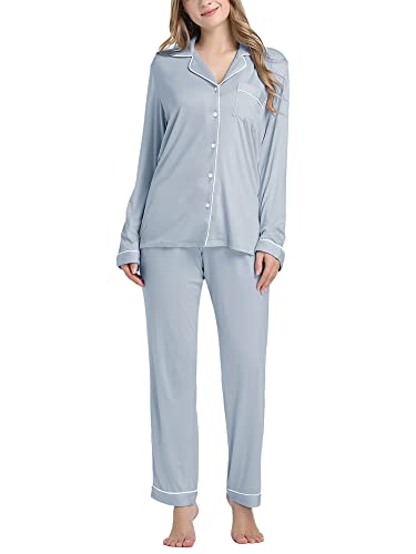 Cherrydew Women Bamboo Viscose Pajama Sets Super Soft Comfy Breathable Cooling Sleepwear Long Sleeve Button Down Loungewear - color: Dusty Blue, size: Large