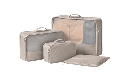 4-Piece Travel Packing Cubes Set for Suitcases - Lightweight Mesh Luggage Organizers - Beige Travel Essentials Bag Set for Clothes, Underwear, and Toiletries (Minimalist Neutral Design)