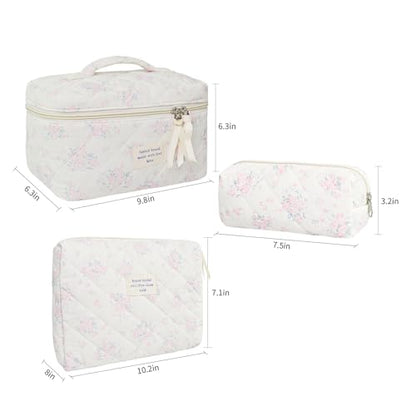 GISMTR 3Pcs Cotton Quilted Makeup Bag Large Travel Cosmetic Bag Coquette Makeup Pouch Cute Aesthetic Floral Toiletry Bag for Women Girls (flower-S) - color: flower-S