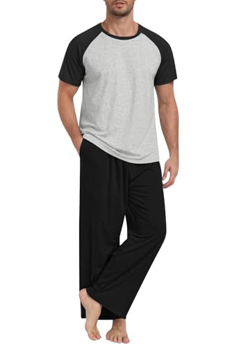 Yincro Mens Pajamas Set Lightweight Loungewear Short Sleeve Top and Pants Soft Sleepwear Pjs Sets - color: Light Gray-black, size: XX-Large