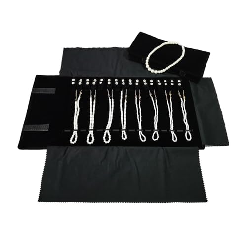 Velet Travel Jewelry Case Roll Bag Organizer for Necklace Bracelet Black Gray Velvet (Black with elastic) - color: Black with elastic