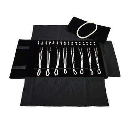 Velet Travel Jewelry Case Roll Bag Organizer for Necklace Bracelet Black Gray Velvet (Black with elastic) - color: Black with elastic