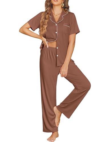 Ekouaer Womens Pajama Sets Button Down Pjs Lounge Sets 2 Piece Short Sleeve Sleepwear Soft Comfy Loungewear - color: Brown, size: Medium