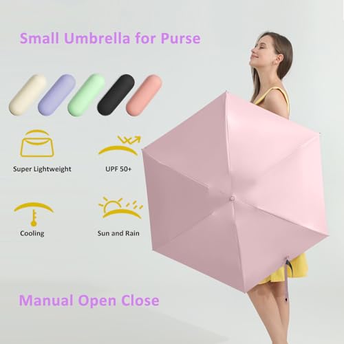 BAODINI Travel Essentials Mini Umbrella for Purse With Case Small Compact UV Sun Protection Lightweight Tiny Pocket Manual Open Close Umbrella for Women Kids and Men Fits Purse Backpack - color: D-1-Pink