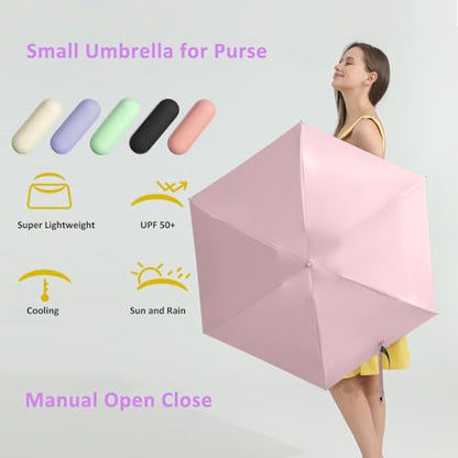 BAODINI Travel Essentials Mini Umbrella for Purse With Case Small Compact UV Sun Protection Lightweight Tiny Pocket Manual Open Close Umbrella for Women Kids and Men Fits Purse Backpack - color: D-1-Pink