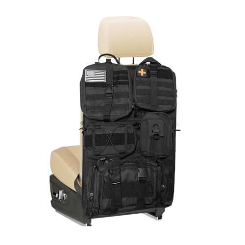 Tactical Seat Back Organizer, Molle Car Seat Organizer Panel with 5 Detachable Molle Pouch for Car Truck Ford Jeep Vehicle, Military Grade Storage Panel Backseat Protector for Man, Black